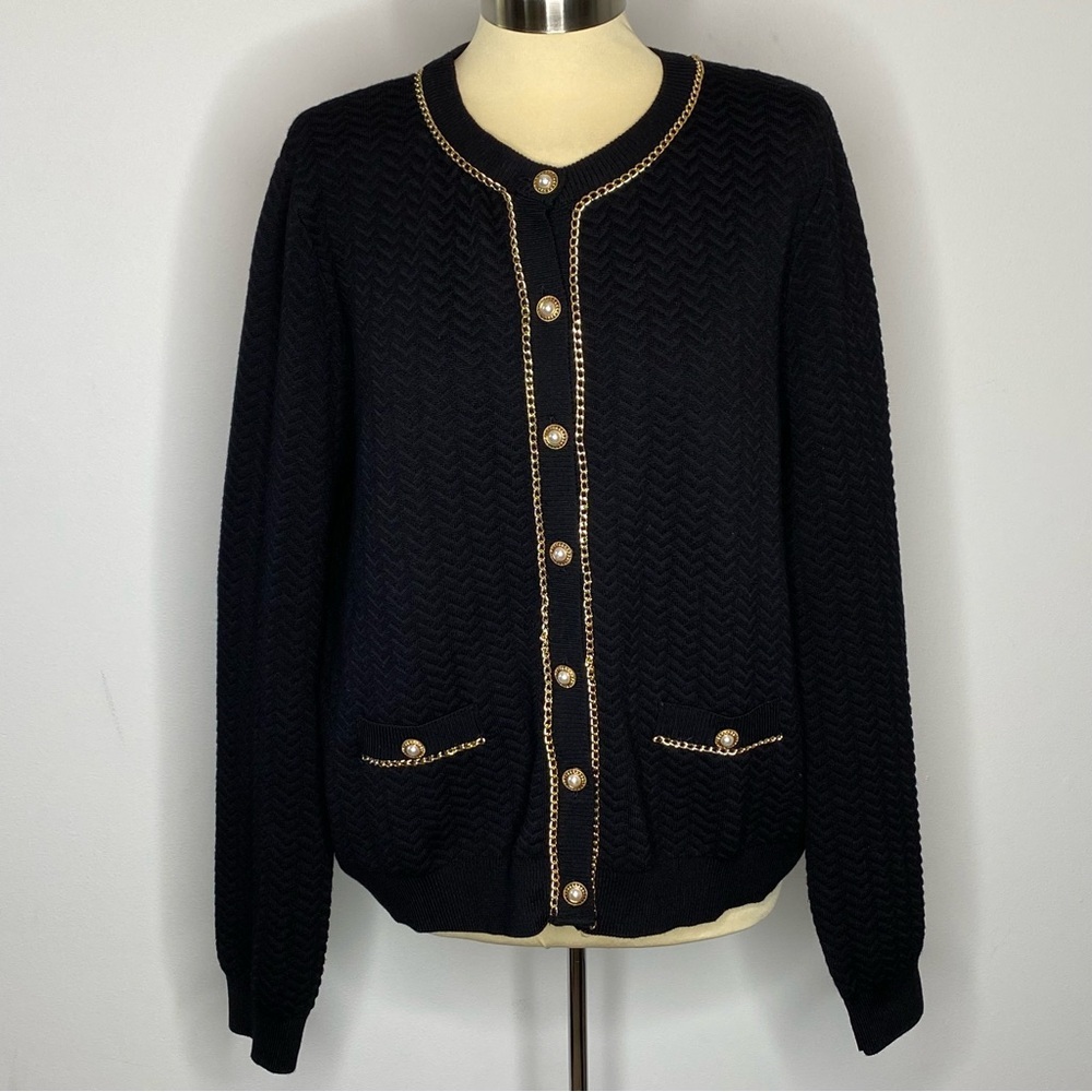 Adrianna Papell Gold Chain Pearl Button Front Black Cardigan Sweater